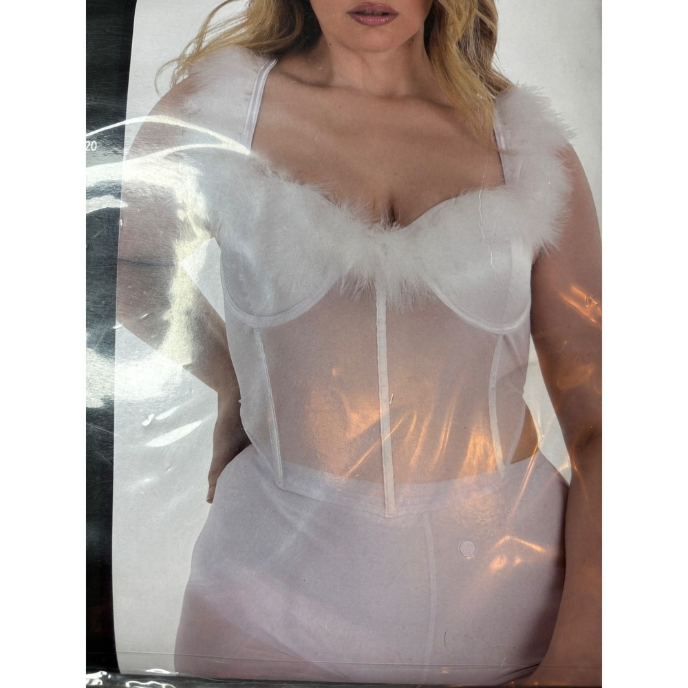White Sheer Mesh Corset Bustier Faux Fur Trim Plus Size 2XL 18-20 Lingerie Top - Picture 2 of 5